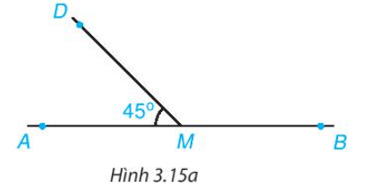Cho Hình 3.15a, biết góc DMA = 45 độ. Tính số đo góc DMB