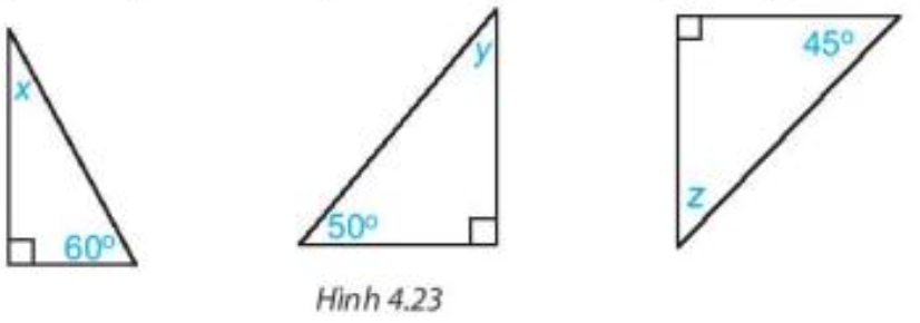 Các số đo x, y, z trong mỗi tam giác vuông dưới đây bằng bao nhiêu độ