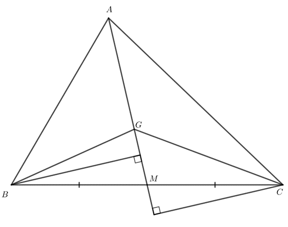 Kí hiệu SABC là diện tích tam giác ABC. Gọi G là trọng tâm của tam giác ABC, M là trung điểm của BC