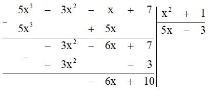 Bốn bước đầu tiên khi chia đa thức D = 5x^3 - 3x^2 - x + 7 cho đa thứ E = x^2 + 1