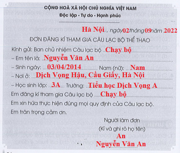 Làm đơn tham gia câu lạc bộ thể thao trang 64 Vở bài tập Tiếng Việt lớp 3 Tập 1 | Cánh diều