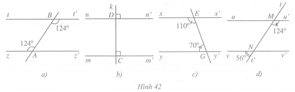 Tìm cặp đường thẳng song song trong mỗi hình 42a, 42b, 42c, 42d