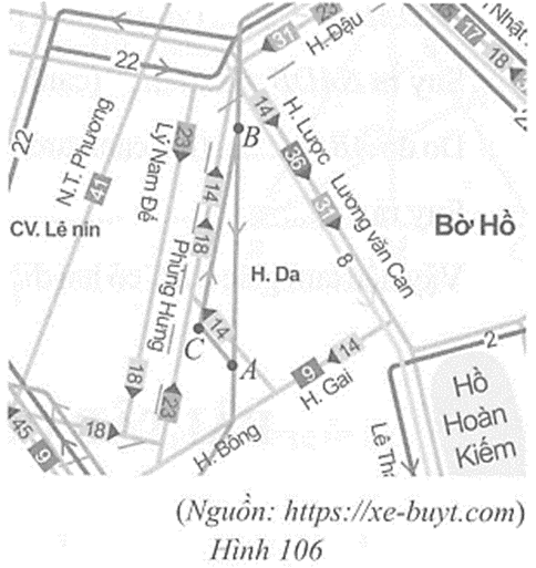 Bạn Hoa đánh dấu ba vị trí A, B, C trên một phần sơ đồ xe buýt ở Hà Nội năm 2021