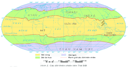 Xác định trên bản đồ hình 2 phạm vi của các đới thiên nhiên trên Trái Đất