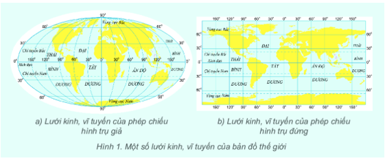 Quan sát hình 1, em hãy mô tả dạng lưới kinh, vĩ tuyến ở mỗi bản đồ