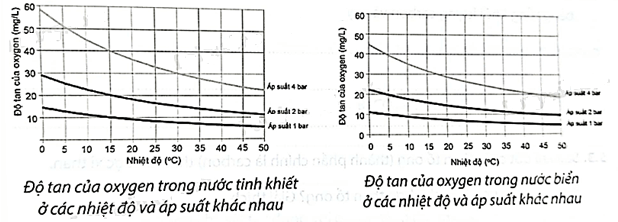 Hai đồ thị sau cho biết độ tan của oxygen trong nước tinh khiết và trong nước