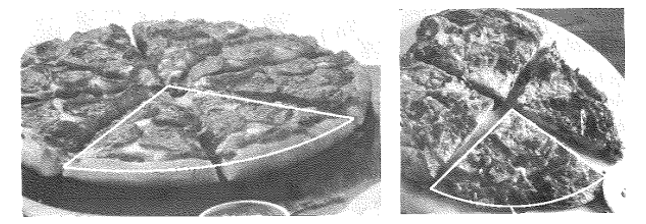 Hai cái bánh pizza có kích thước bằng nhau. Cái thứ nhất được chia thành 8 phần bằng nhau