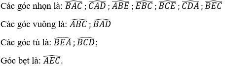 Hãy dùng ê ke để kiểm tra và cho biết góc nào là góc nhọn, góc vuông, góc tù