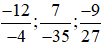 Rút gọn các phân số sau: (-12)/(-4); 7/(-35); (-9)/27