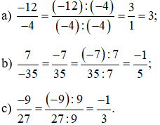 Rút gọn các phân số sau: (-12)/(-4); 7/(-35); (-9)/27