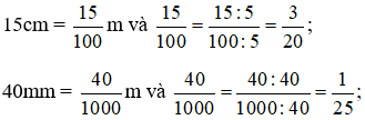 Viết các số đo độ dài sau đây theo đơn vị mét, dưới dạng phân số tối giản: 15cm; 40mm