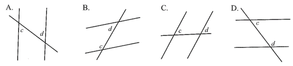 Cặp góc c, d là cặp góc so le trong đối với trường hợp nào dưới đây