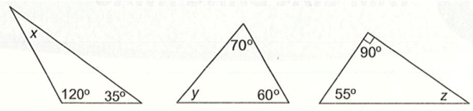 Tính số đo các góc x, y, z trong các hình dưới đây trang 56 vở thực hành Toán lớp 7 Tập 1