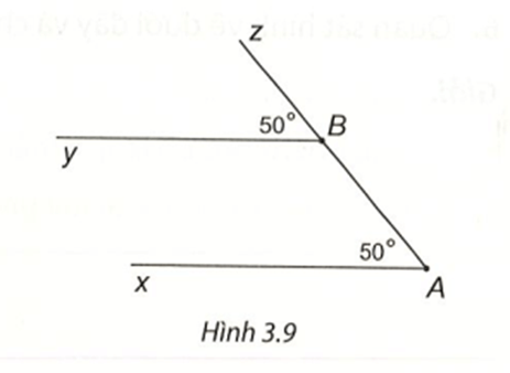 Cho Hình 3.9, biết góc xAz=50°, góc yBz=50°. Giải thích vì sao Ax // By