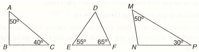 Trong các tam giác dưới đây, tam giác nhọn, vuông, tù?