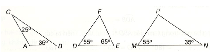 Tính số đo góc còn lại trong mỗi tam giác dưới đây. Hãy chỉ ra tam giác nào là tam giác vuông