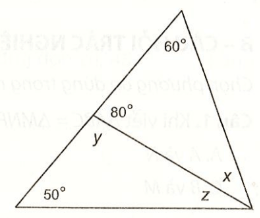 Tính số đo x, y, z của các góc trong hình vẽ dưới đây trang 57 vở thực hành Toán lớp 7 Tập 1