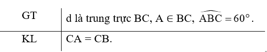 Cho điểm A nằm trên đường trung trực của đoạn thẳng BC sao cho góc ABC = 60 độ