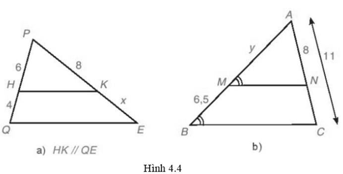 Tìm độ dài x, y trong Hình 4.4 (làm tròn kết quả đến chữ số thập phân thứ nhất)