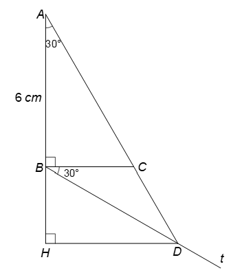 Cho tam giác ABC vuông tại B có góc A= 30 độ, AB = 6 cm. Vẽ tia Bt sao cho