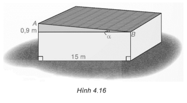 Tìm góc nghiêng α và chiều rộng AB của mái nhà kho trong Hình 4.16