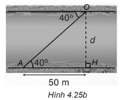 Tìm chiều rộng d của dòng sông trong Hình 4.25a (làm tròn đến m) trang 85 VTH Toán 9 Tập 1