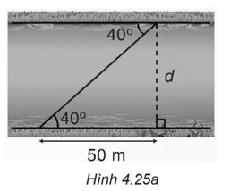 Tìm chiều rộng d của dòng sông trong Hình 4.25a (làm tròn đến m) trang 85 VTH Toán 9 Tập 1