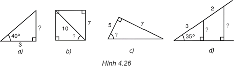 Tính các số liệu còn thiếu (dấu ?) ở Hình 4.26 với góc làm tròn đến độ, với độ dài làm tròn