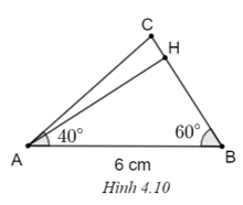 Cho tam giác ABC có góc A=40 độ; góc B=60 độ; AB = 6 cm. Hãy tính (làm tròn đến hàng đơn vị) Chiều cao AH và cạnh AC