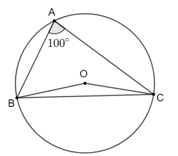 Chọn phương án đúng. Cho tam giác ABC nội tiếp đường tròn (O). Biết góc BAC = 100 độ