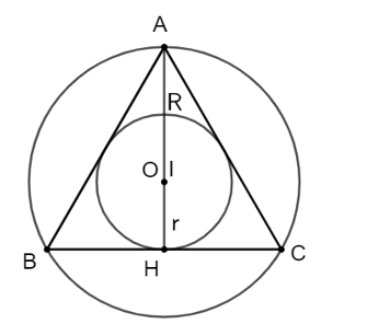 Chọn phương án đúng. Cho tam giác đều ABC nội tiếp (O; R) và ngoại tiếp (I; r)